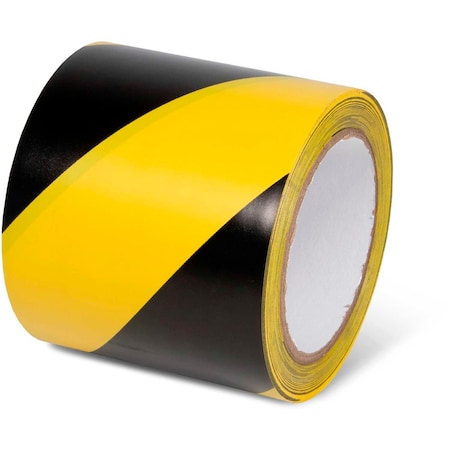 Striped Hazard Warning Tape, 4W X 108'L, 5 Mil, Black/Yellow, 1 Roll